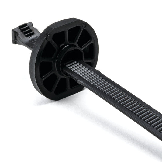 132-00009 BUTTON HEAD CABLE TIE WITH RETAINERS AND PILOT BUSHINGS, 15.0" LONG, PA66HIRHSUV, BLACK, 50/PKG